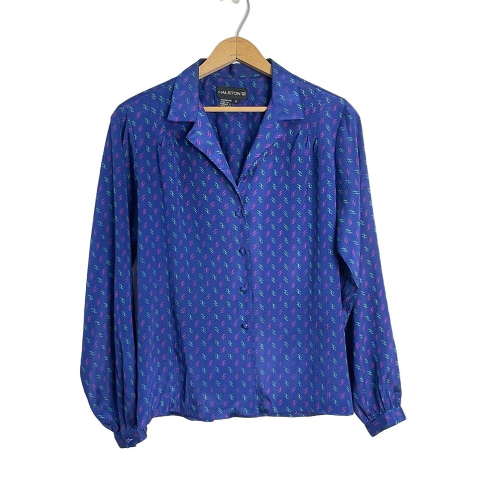 Vintage Halston VI 80s Blue ‘H’ Pattern Sz 12 Notched Collar Button Blouse Shirt